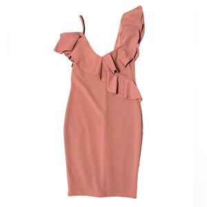 Privy tiered, ruffle neck, slim fit dress in dark Mauve